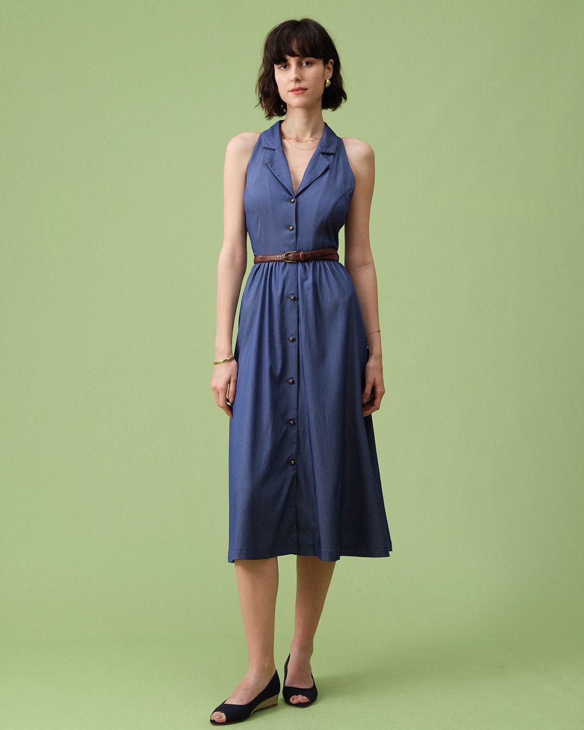 The Blue Lapel Tunic Sleeveless Midi Dress Product Image