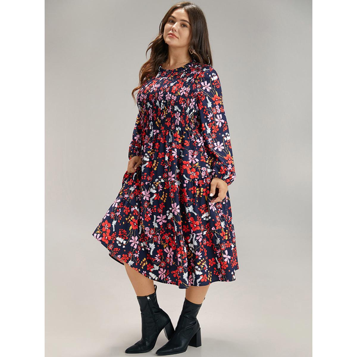 Plus Size Floral Print Keyhole Shirred Dress DarkBlue Women Elegant Elastic cuffs Mock Neck Long Sleeve Curvy Midi Dress BloomChic 14-16/1X Product Image