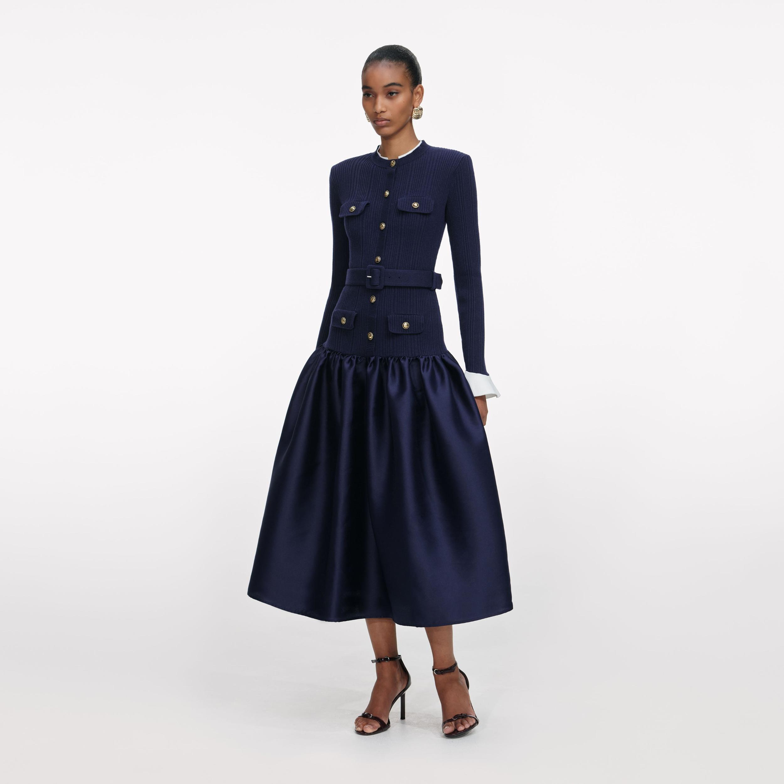 Navy Knit Taffeta Midi Dress Product Image