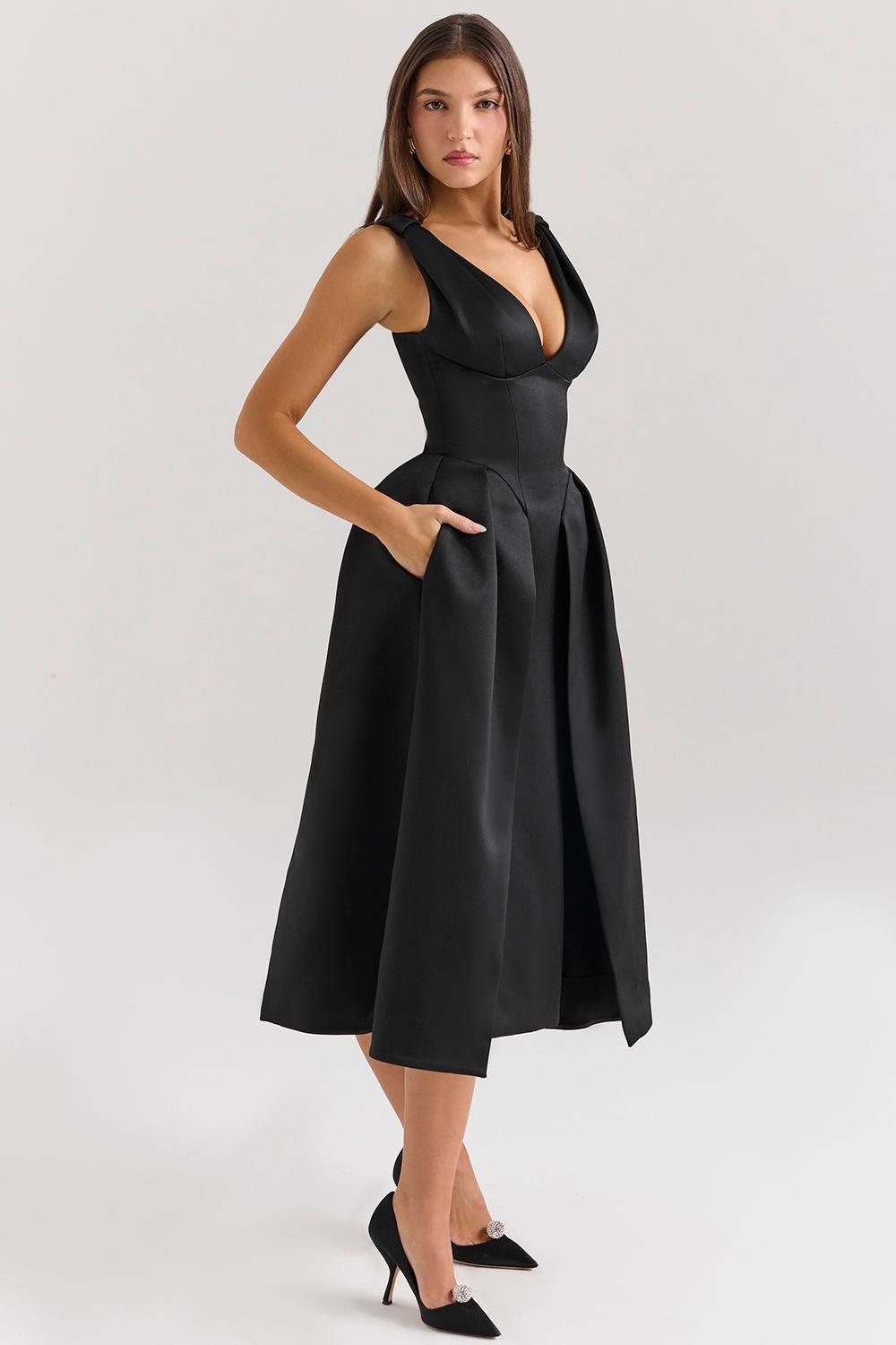 Paloma  black satin twist strap midi dress - sale Product Image