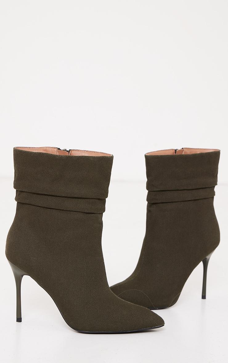 Khaki Woven Point Toe Ruched High Heeled Ankle Boots Product Image