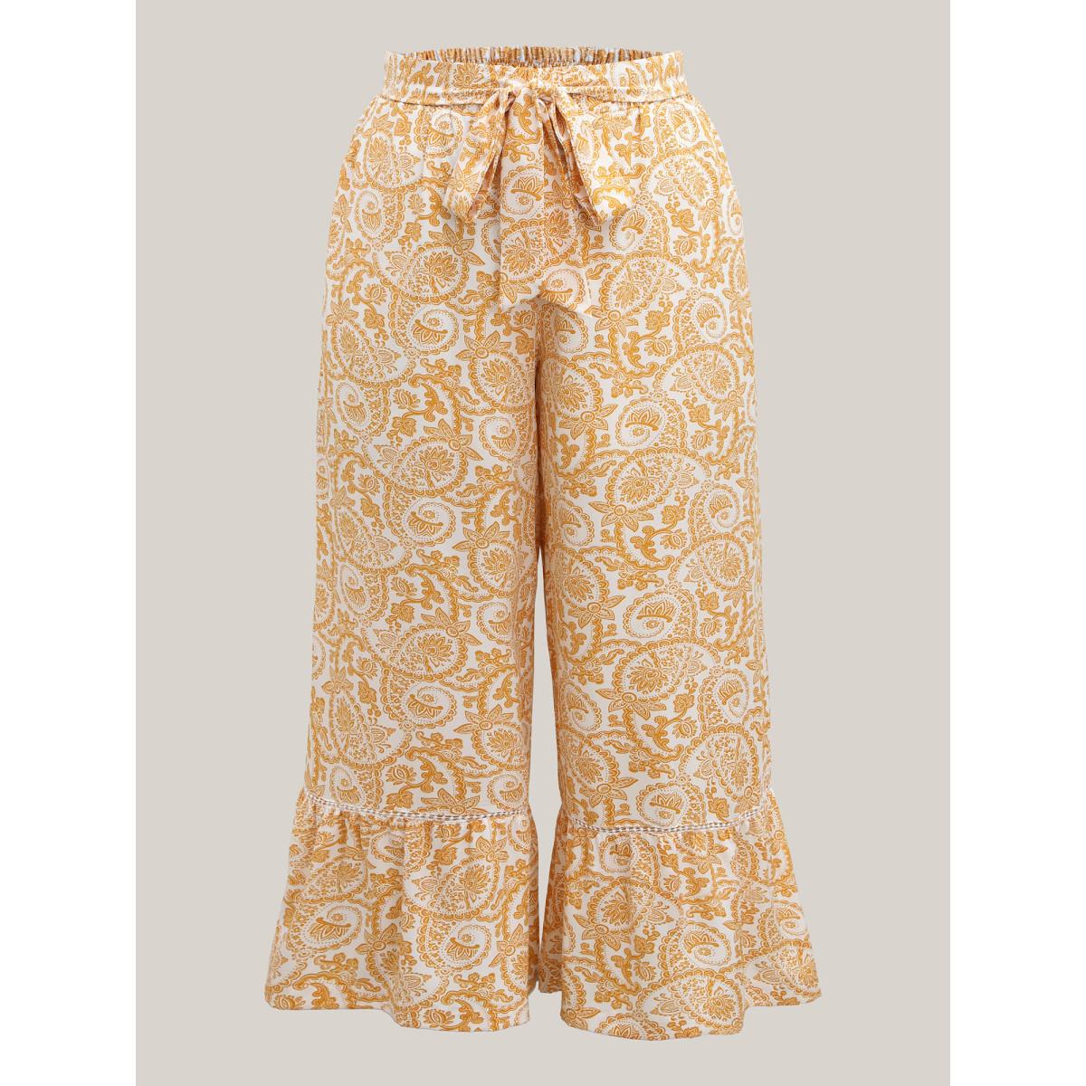 Plus Size Paisely Print Lace Trim Wide-Leg Pants Women Lightyellow Boho Wide Leg Mid Rise Vacation Pants BloomChic 26/4X Product Image