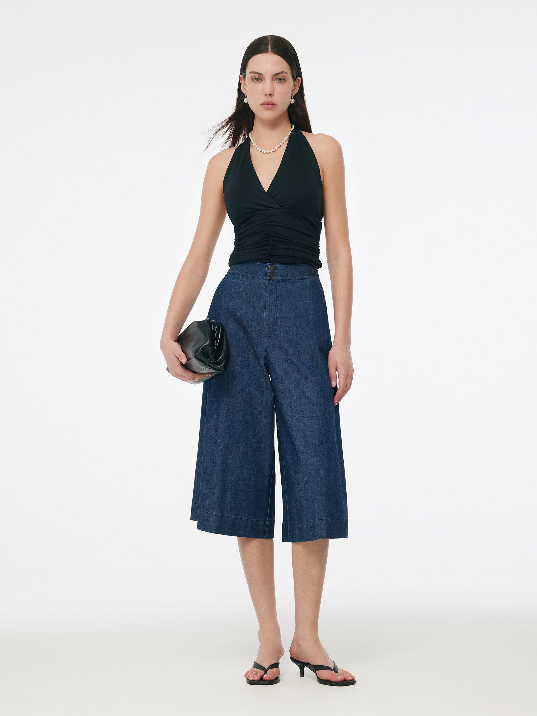 Denim High Waisted Women Wide Leg Cropped Culottes Product Image