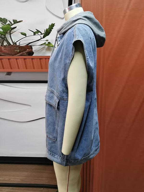 Loose Sleeveless Buttoned Detachable Hooded Pockets Split-Joint Lapel Collar Vest Outerwear Product Image