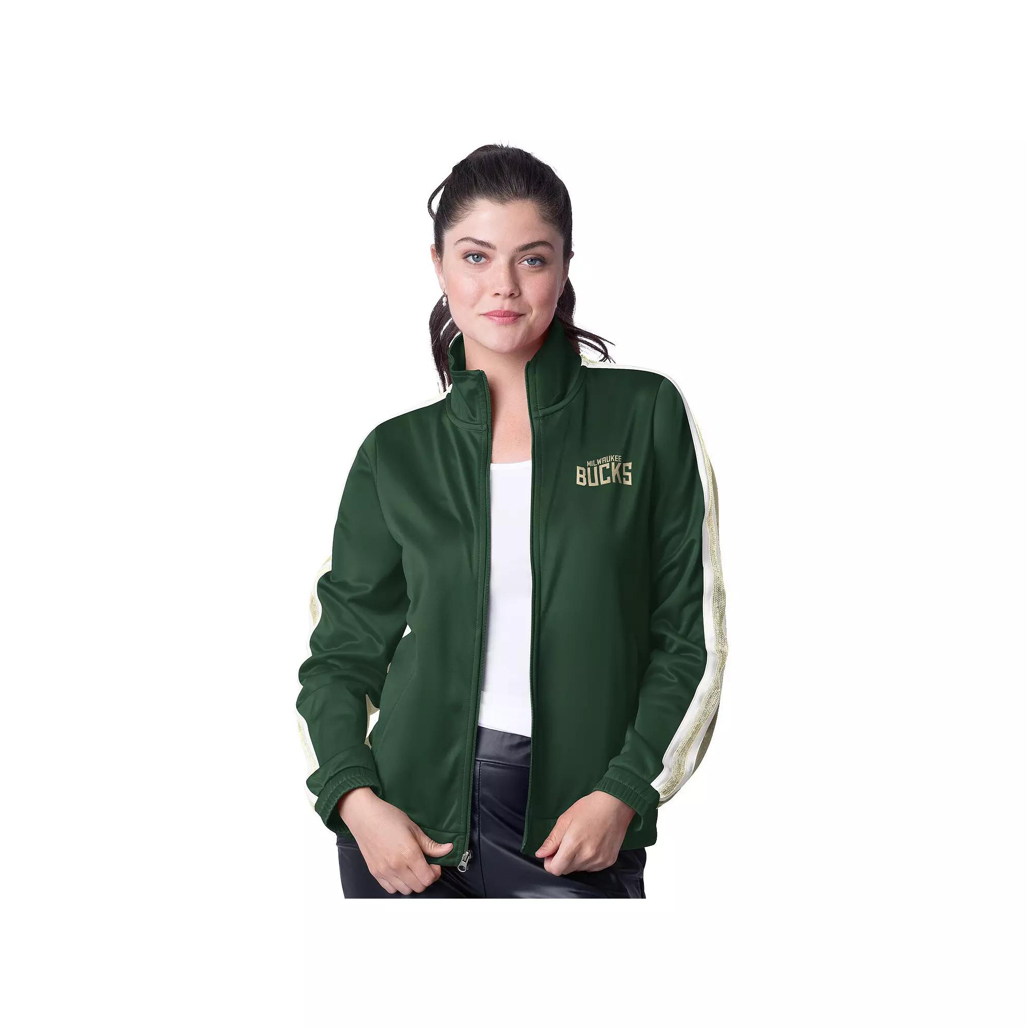 Women's G-III 4Her by Carl Banks Hunter Green/Cream Milwaukee Bucks Rebel Sequin Bling Full-Zip Track Jacket,  Product Image