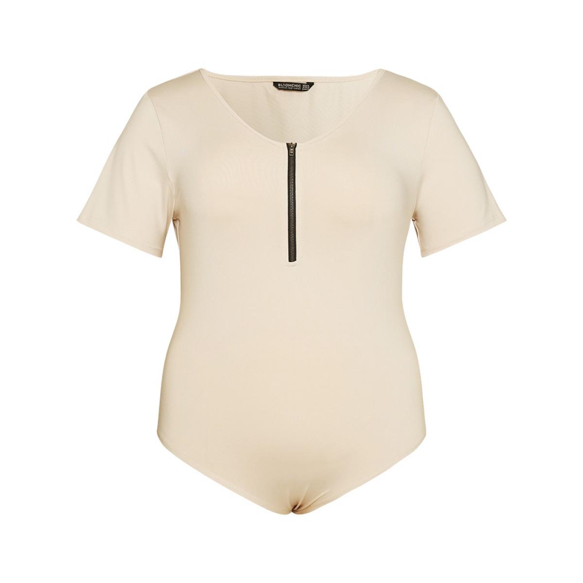 Plus Size Plain Zipper Half Crew Neck Bodysuit Women Champagne Plain Zipper Bodysuits BloomChic 26/4X Product Image