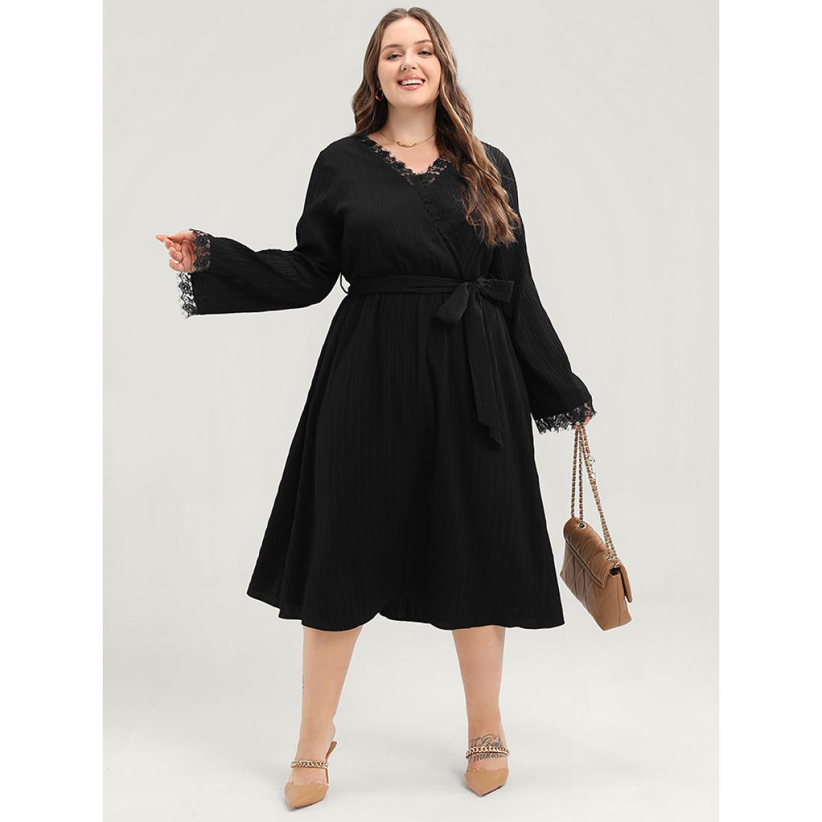 Plus Size Solid Textured Bell Sleeve Pocket Contrast Lace Belted Dress Black Women Elegant Lace V-neck Long Sleeve Curvy Midi Dress BloomChic 28/5X Product Image