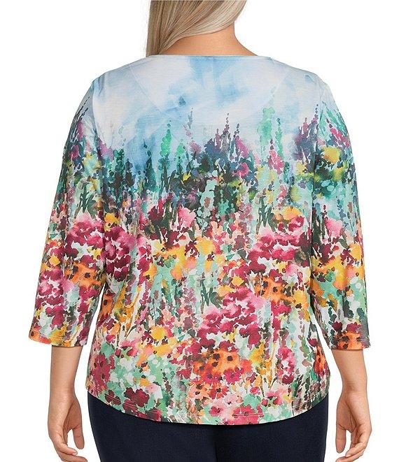 Allison Daley Plus Size Rhubarb Floral Vale Print Embellished 3/4 Sleeve Crew Neck Knit Top Product Image