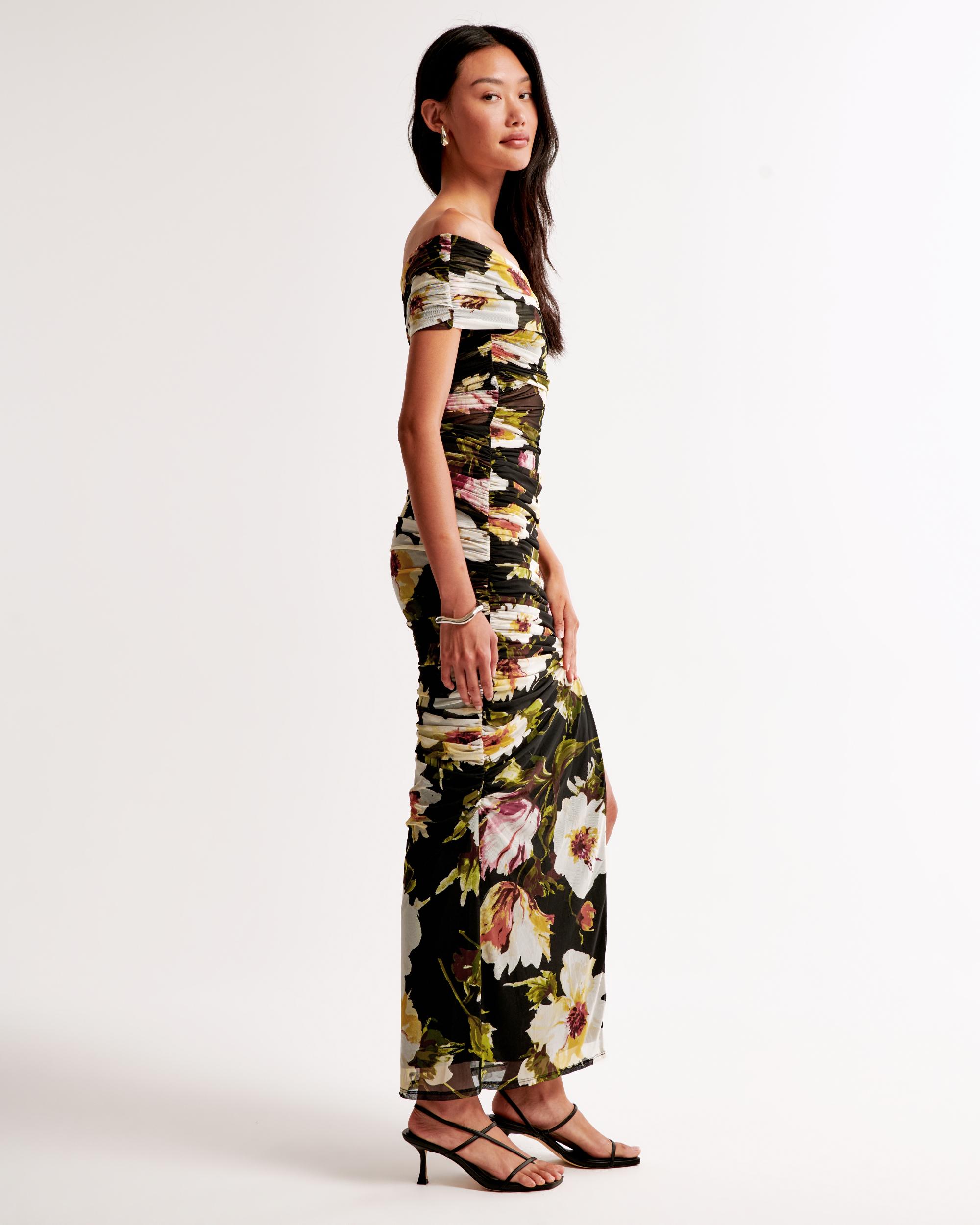 Mesh Asymmetrical Off-The-Shoulder Draped Maxi Dress Product Image