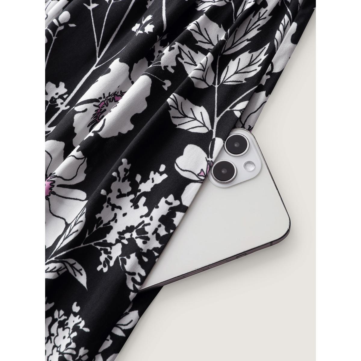 Plus Size Rayon Floral Print Placket Maxi Dress Black Women Office Button Shirt collar Half Sleeve Curvy BloomChic 14-16/1X Product Image