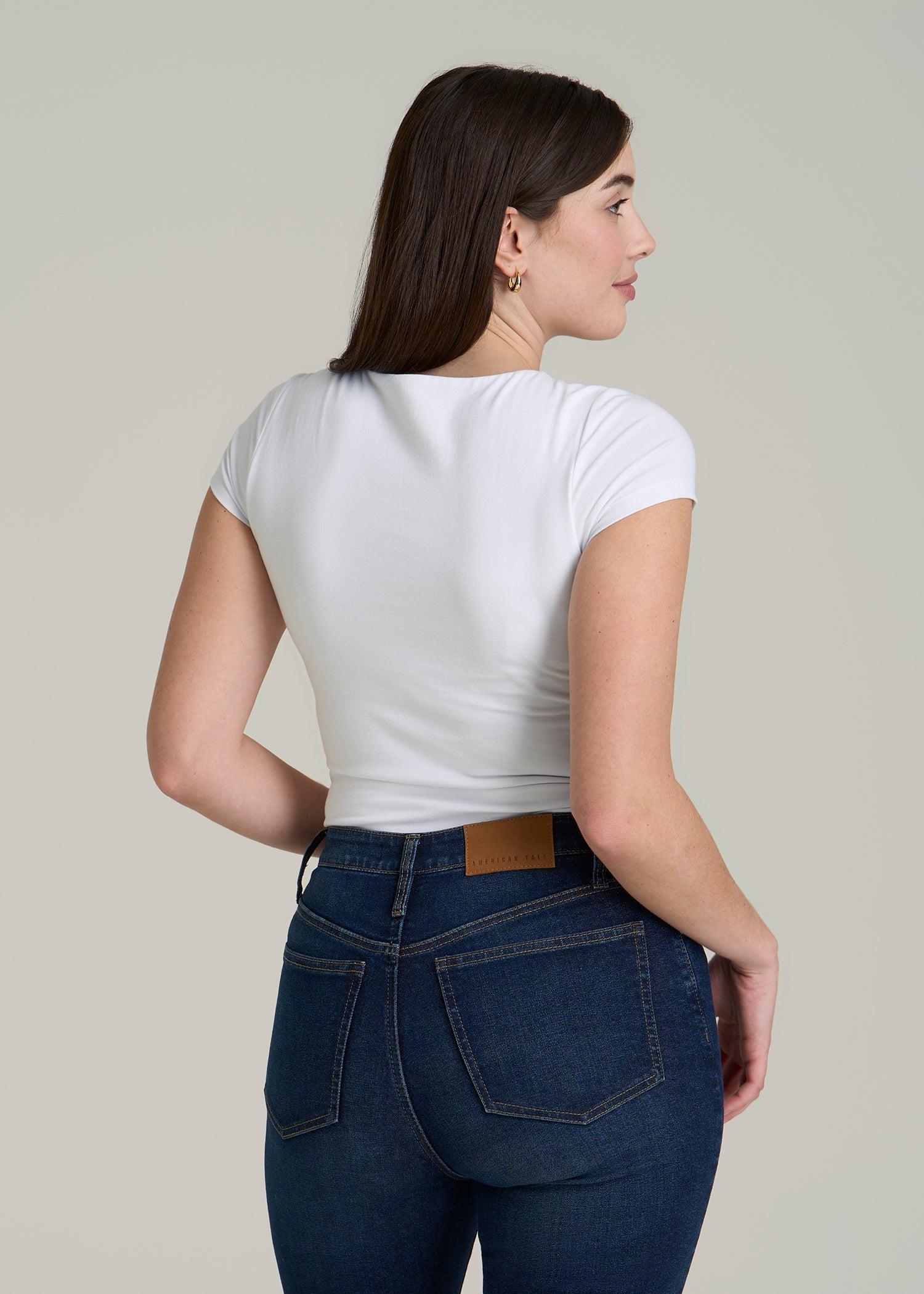 Cotton Blend Short Sleeve Square Neck Bodysuit for Tall Women in White Female Product Image