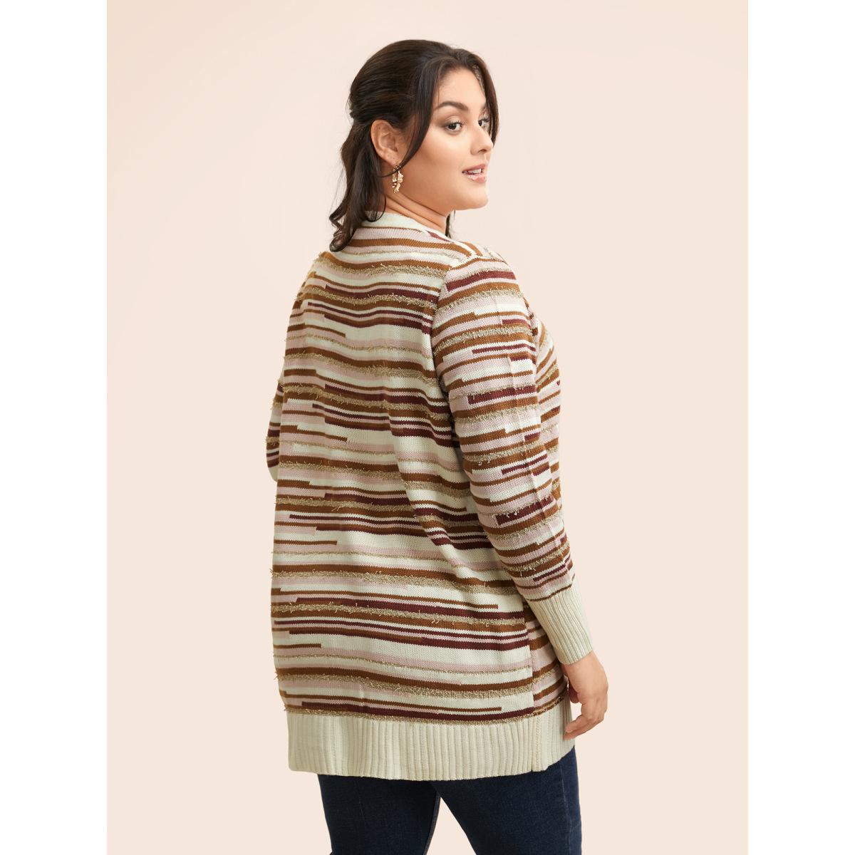 Plus Size Striped Kimono Collar Pocket Cardigan Beige Women Casual Loose Long Sleeve Everyday Cardigans BloomChic 18-20/2X Product Image