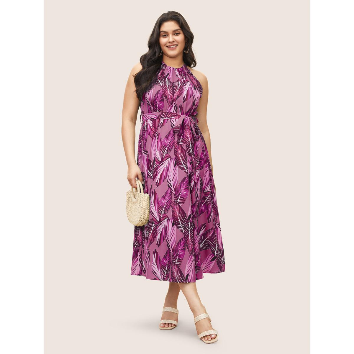 Plus Size Tropical Print Knotted Pocket Ruffles Belted Halter Dress Lilac Women Resort Non Halter neck Sleeveless Curvy Midi Dress BloomChic 22-24/3X Product Image