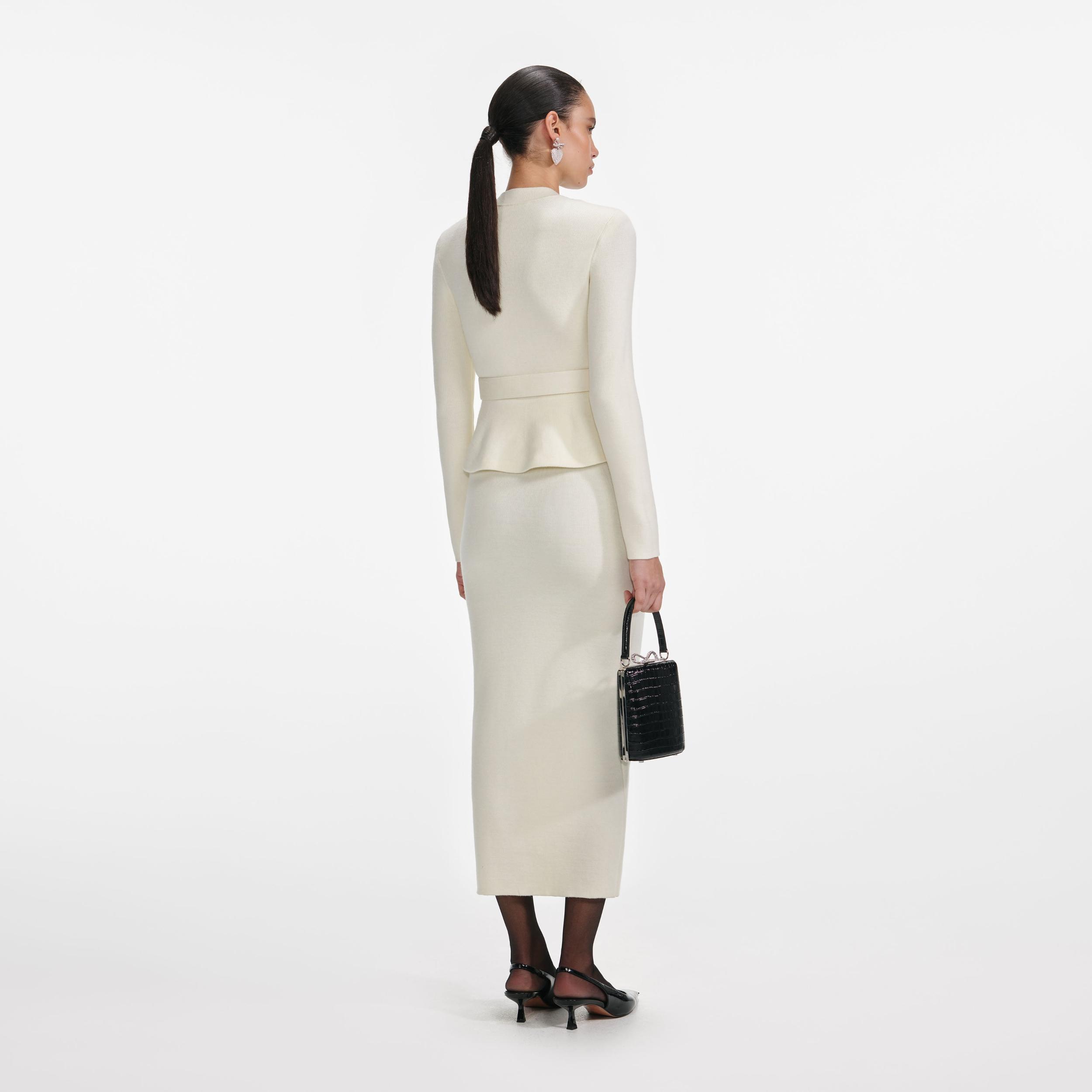 Cream Wool Peplum Knit Midi Dress Product Image
