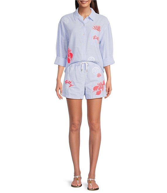 Lilly Pulitzer Bondi Jacaranda Beach Day Embroidered Seacret Stripe Print Point Collar Long Sleeve Coordinating Top Product Image