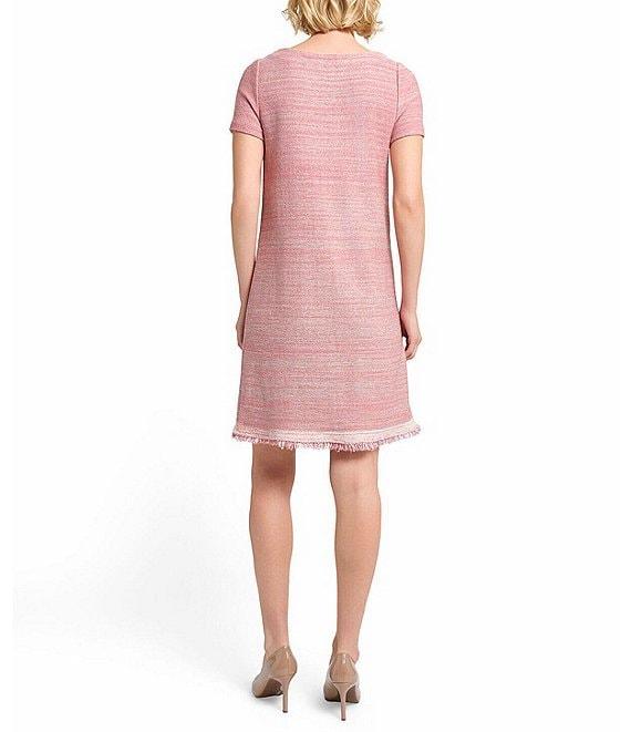 MISOOK Melange Knit Round Neck Short Sleeve Fringe Trim Shift Dress Product Image