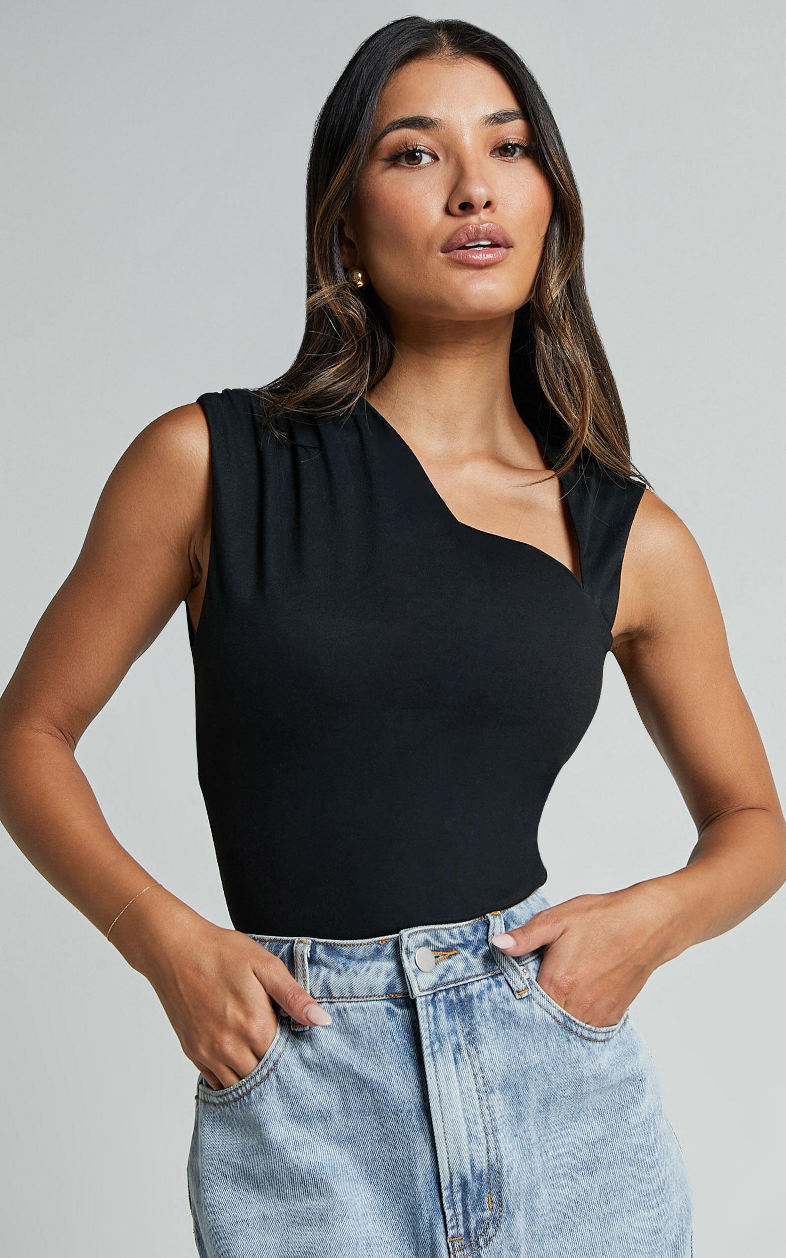 Inessa Top - Sleeveless Asymmetrical Neck Top in Black Product Image