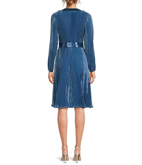 Donna Karan Satin V-Neck Long Sleeve Tie Sash Sheath Dress Product Image