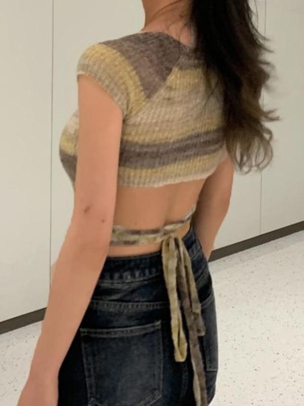 Contrast Color Stripped Square Neck Knit Top Product Image