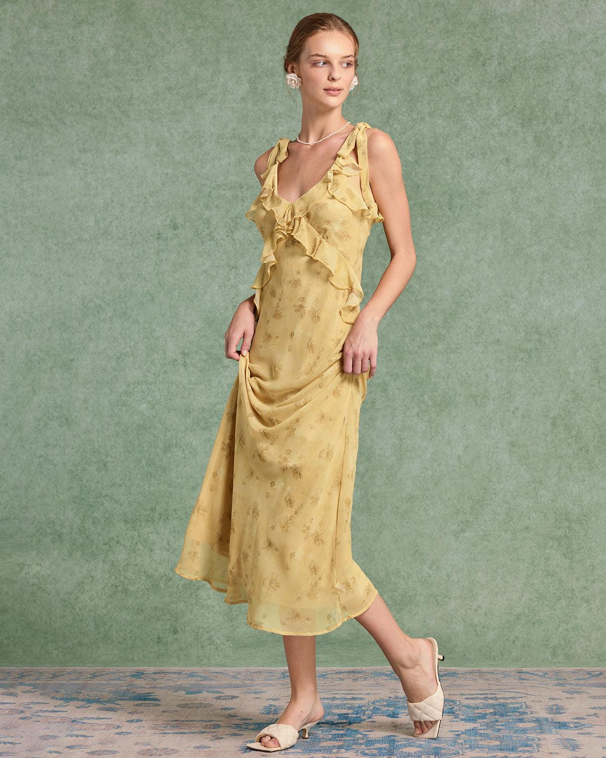 Yellow Floral Chiffon Tie Strap Maxi Dress Product Image