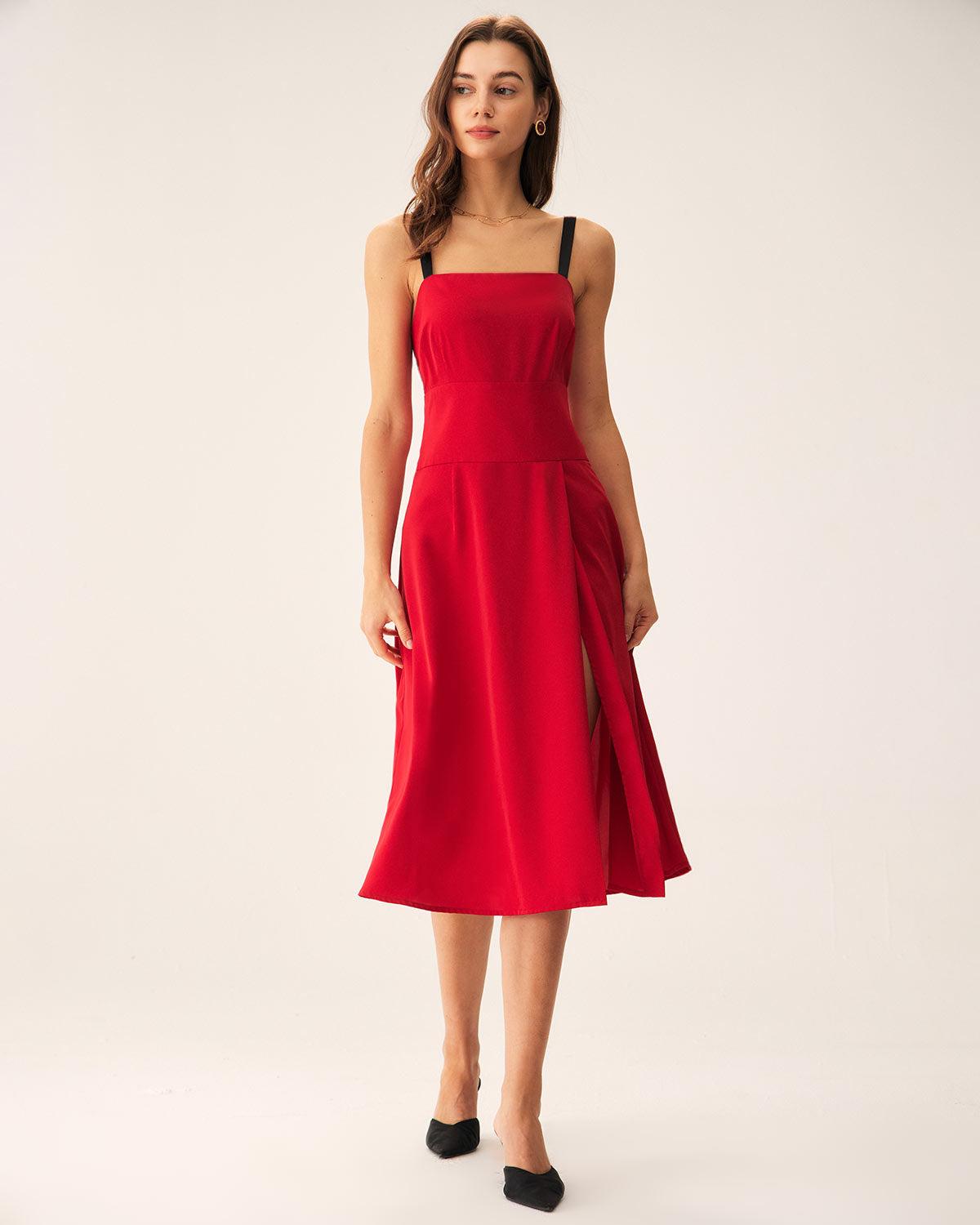Red Contrast Slit Slip Midi Dress Product Image