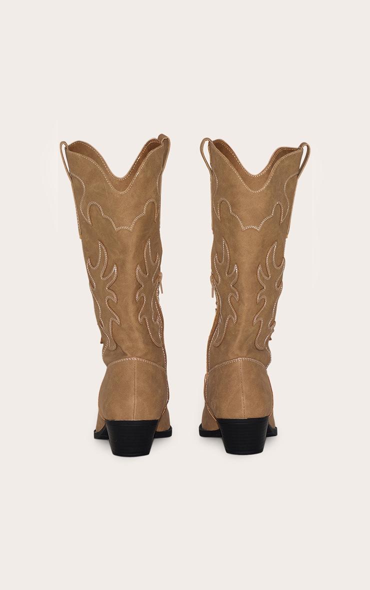 Stone Faux Suede Point Toe Low Block Heel Stitched Western Boots Product Image