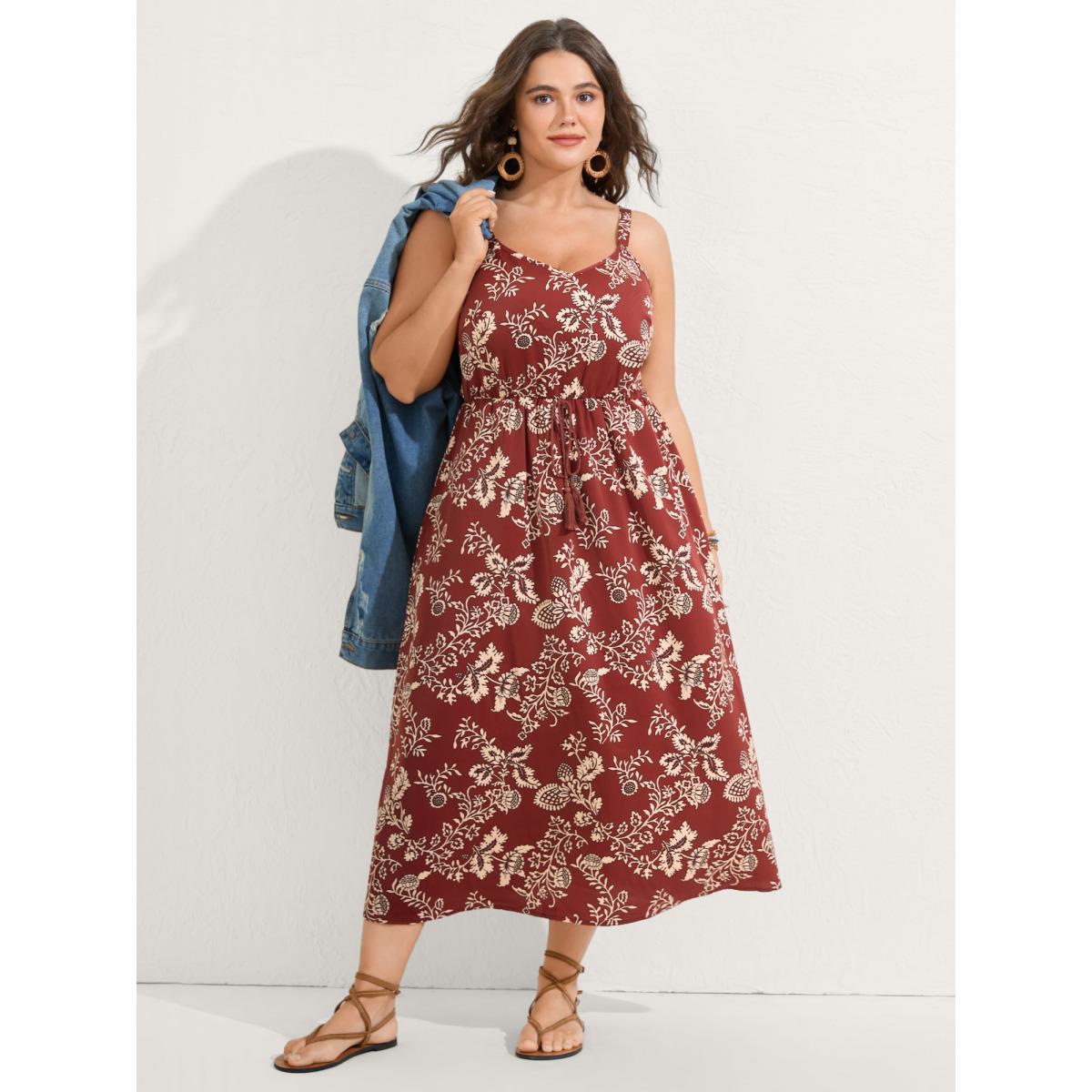 Plus Size Floral Waist-Tie Pockets Midi Dress Rust Women Boho Heart neckline Sleeveless Curvy BloomChic 26/4X Product Image