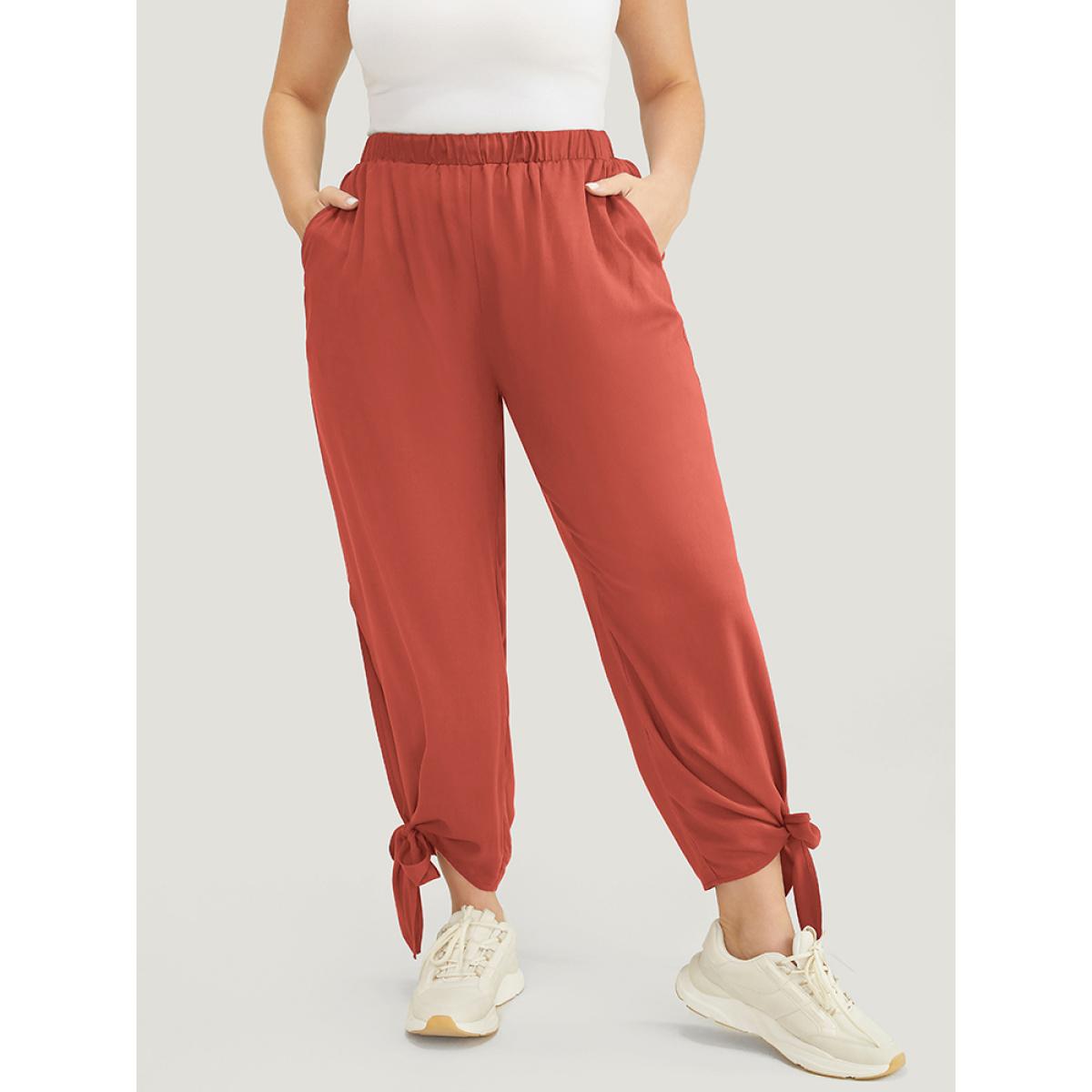 Plus Size Solid Knotted Split Hem Pocket Pants Women Rust Casual Loose High Rise Dailywear Pants BloomChic 14-16/1X Product Image