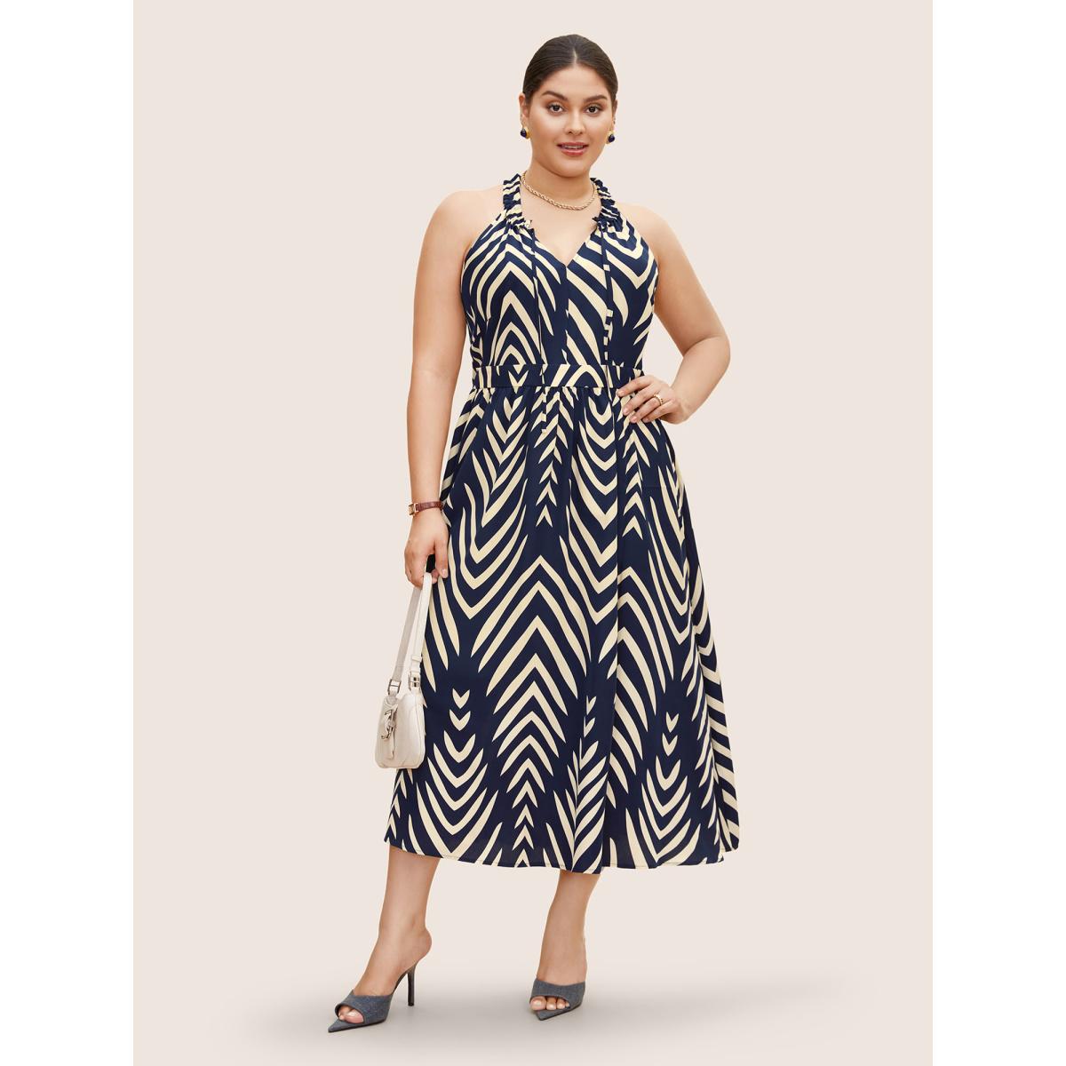 Plus Size Geometric Frill Trim Tie Knot Sleeveless Dress Navy Women At the Office Wraparound straps V-neck Sleeveless Curvy BloomChic 12/L Product Image