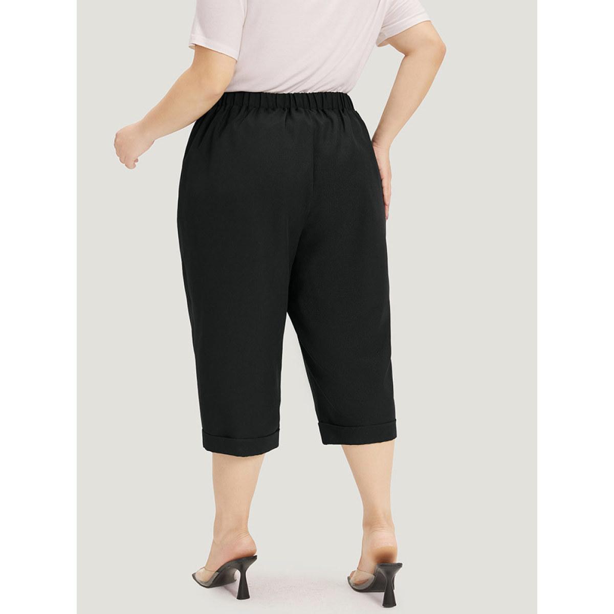 Plus Size Plain Pocket Elastic Waist Pleated Cropped Pants Women Black Office Straight Leg High Rise Office Pants BloomChic 26/4X Product Image