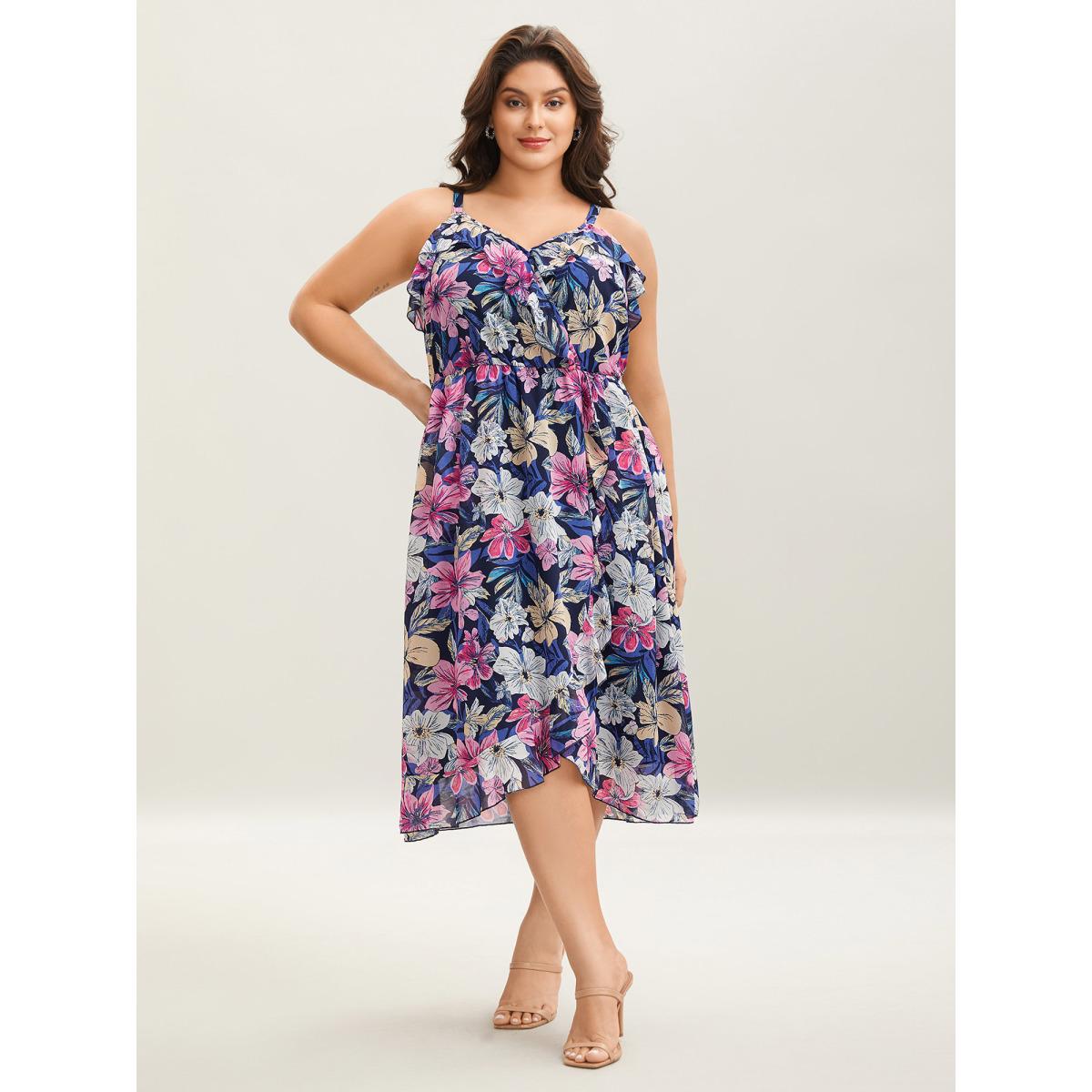 Plus Size Large Flower Print Overlap Hem Midi Dress Navy Women Non Sleeveless Curvy BloomChic 30/6X Product Image