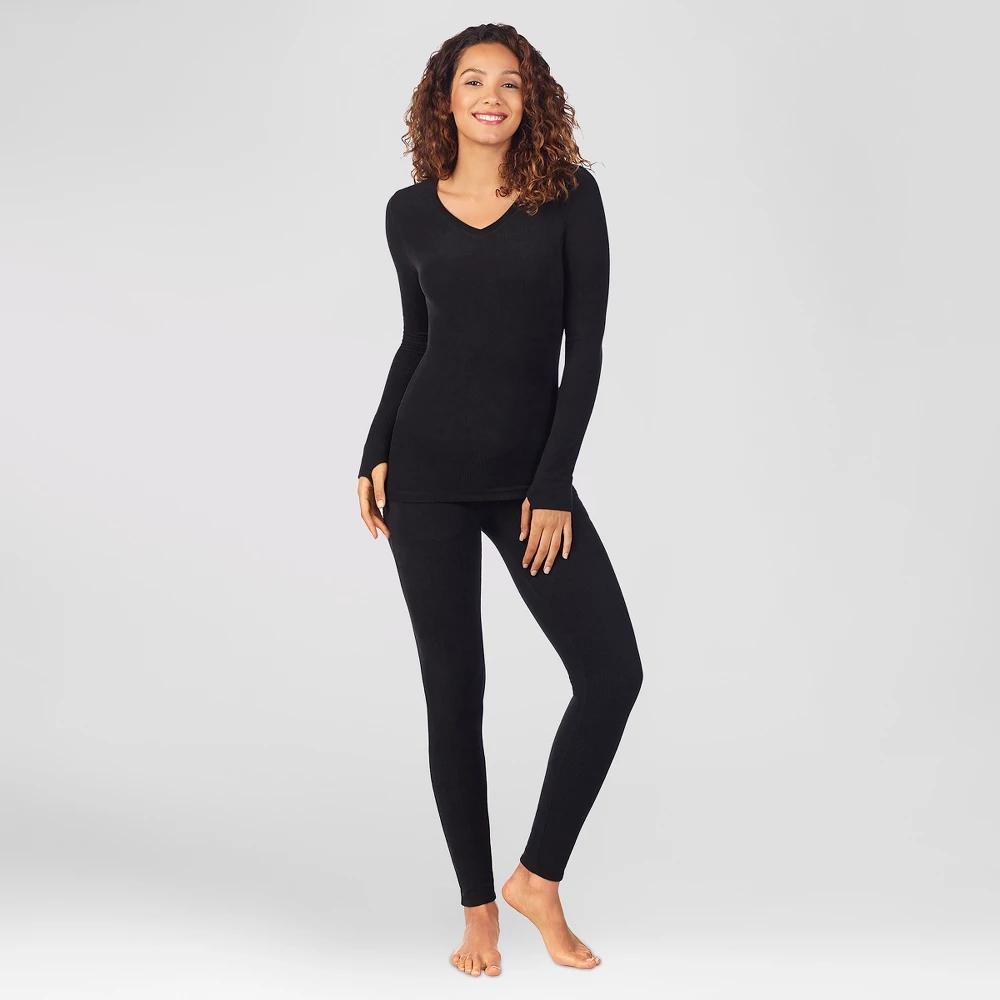 Warm Essentials by Cuddl Duds Women's Textured Fleece Thermal Leggings - Black L Product Image