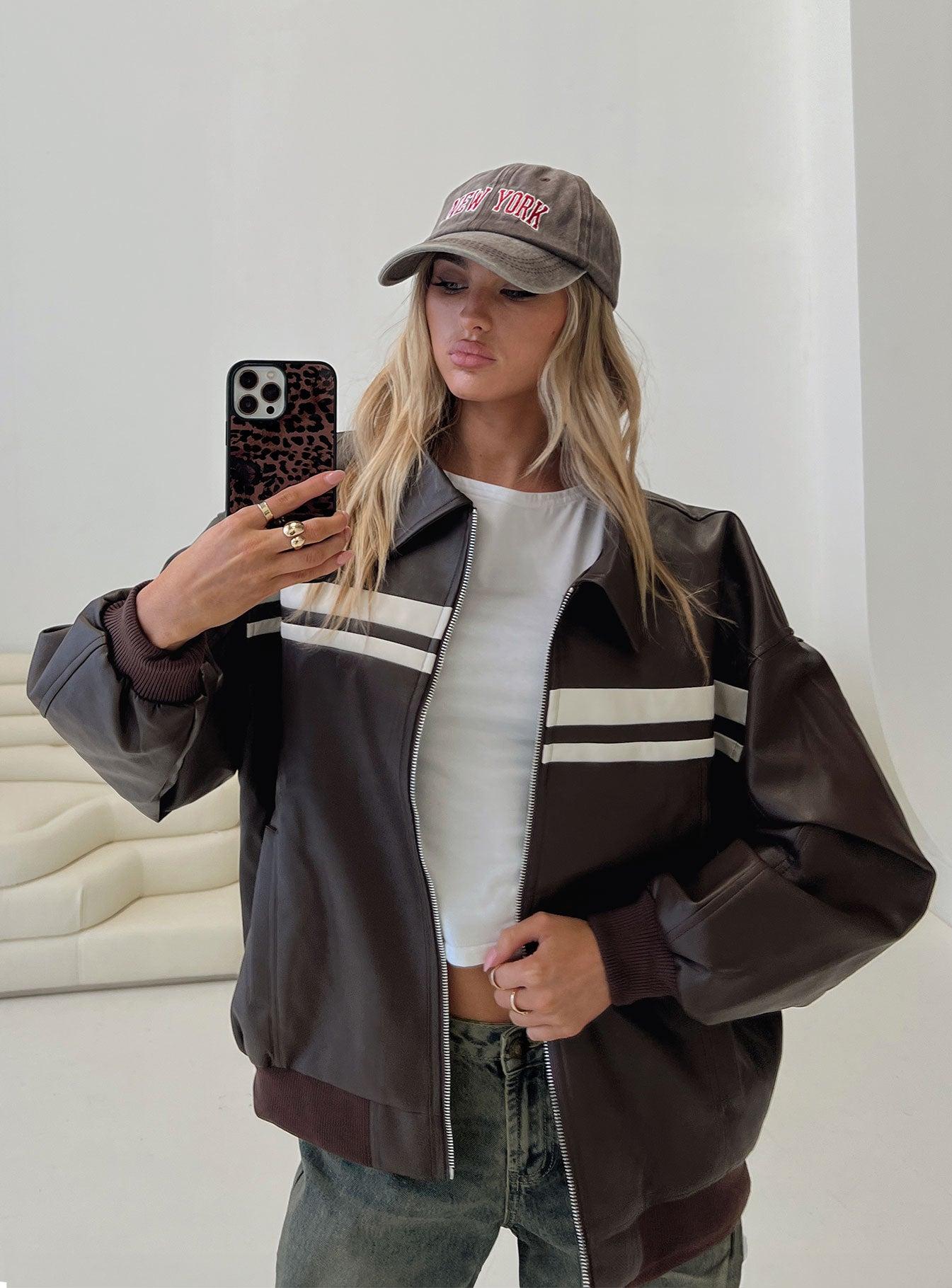 Goldsmith Faux Leather Bomber Jacket Chocolate / White Product Image