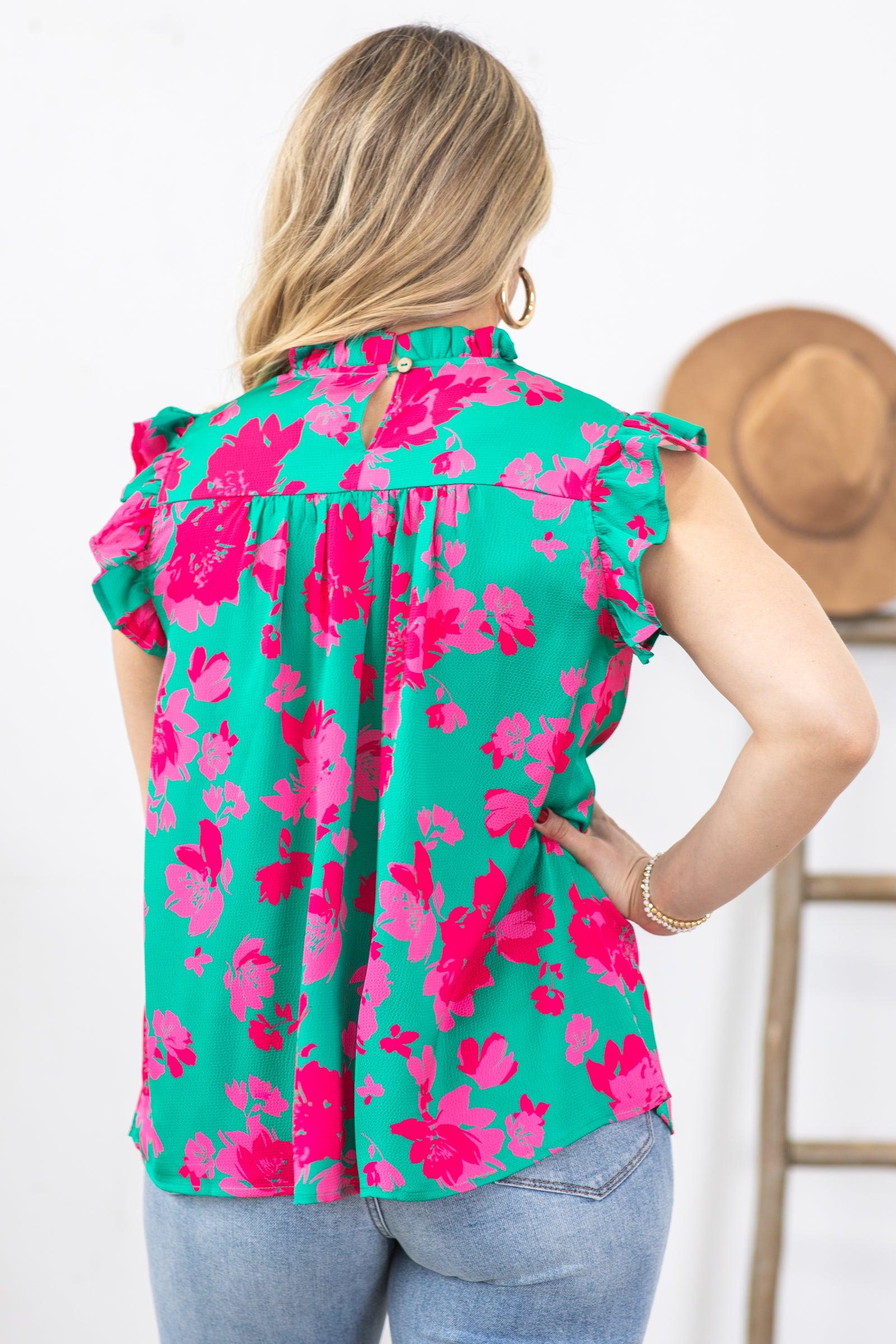 Jade And Pink Floral Shirred Yoke Woven Top Product Image