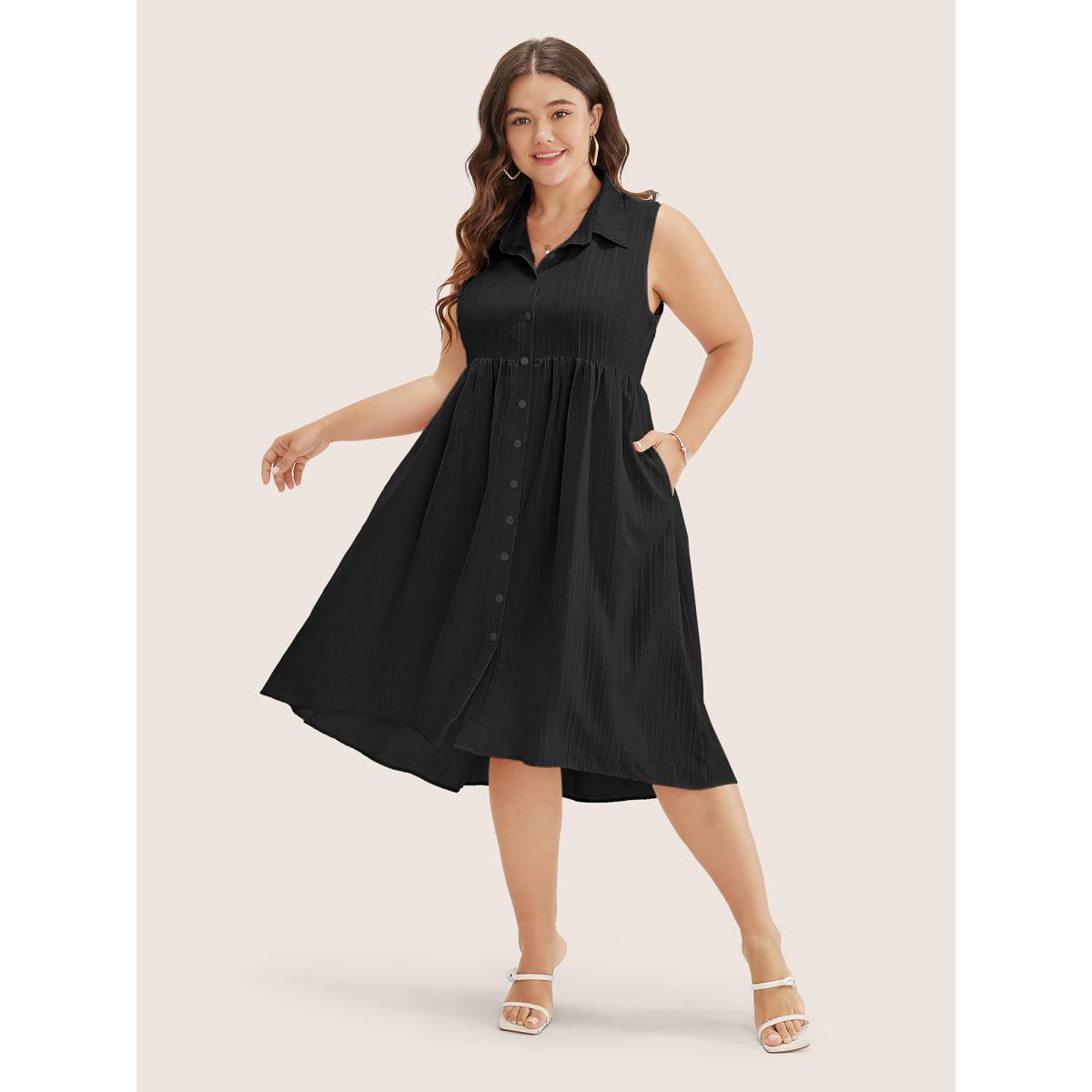 Plus Size Solid Shirt Collar Ruffle Pocket High Low Hem Button Up Dress Black Women At the Office Non Polo Sleeveless Curvy Midi Dress BloomChic 18-20/2X Product Image