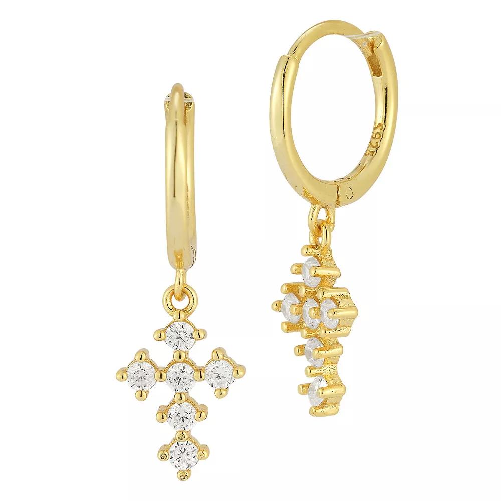 Sunkissed Sterling Cubic Zirconia Cross Charm Huggie Hoop Earrings, Women's, Gold Tone Product Image