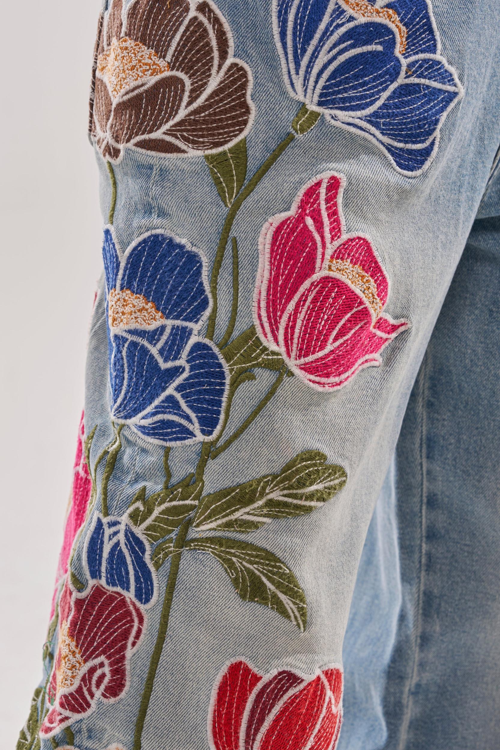 INTO THE GARDEN FLORAL EMBROIDERED DENIM JEANS Product Image