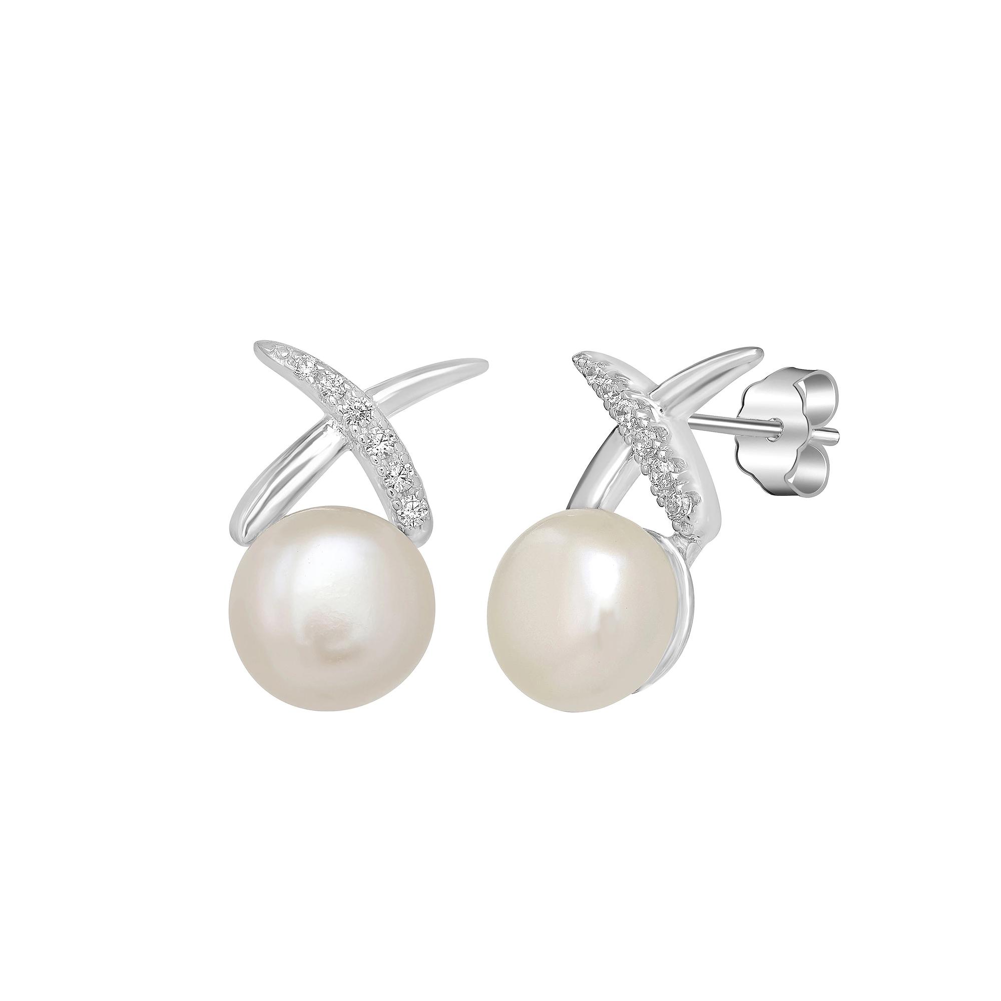 Gemistry Sterling Silver Freshwater Cultured Pearl & Cubic Zirconia X Stud Earrings, Women's Product Image