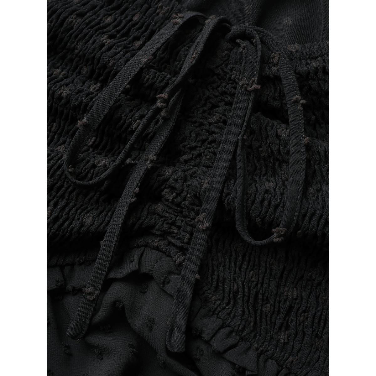 Plus Size Polka Dot Textured Mesh Shirred Drawstring Dress Black Women Romantic Texture V-neck Short sleeve Curvy BloomChic 22-24/3X Product Image