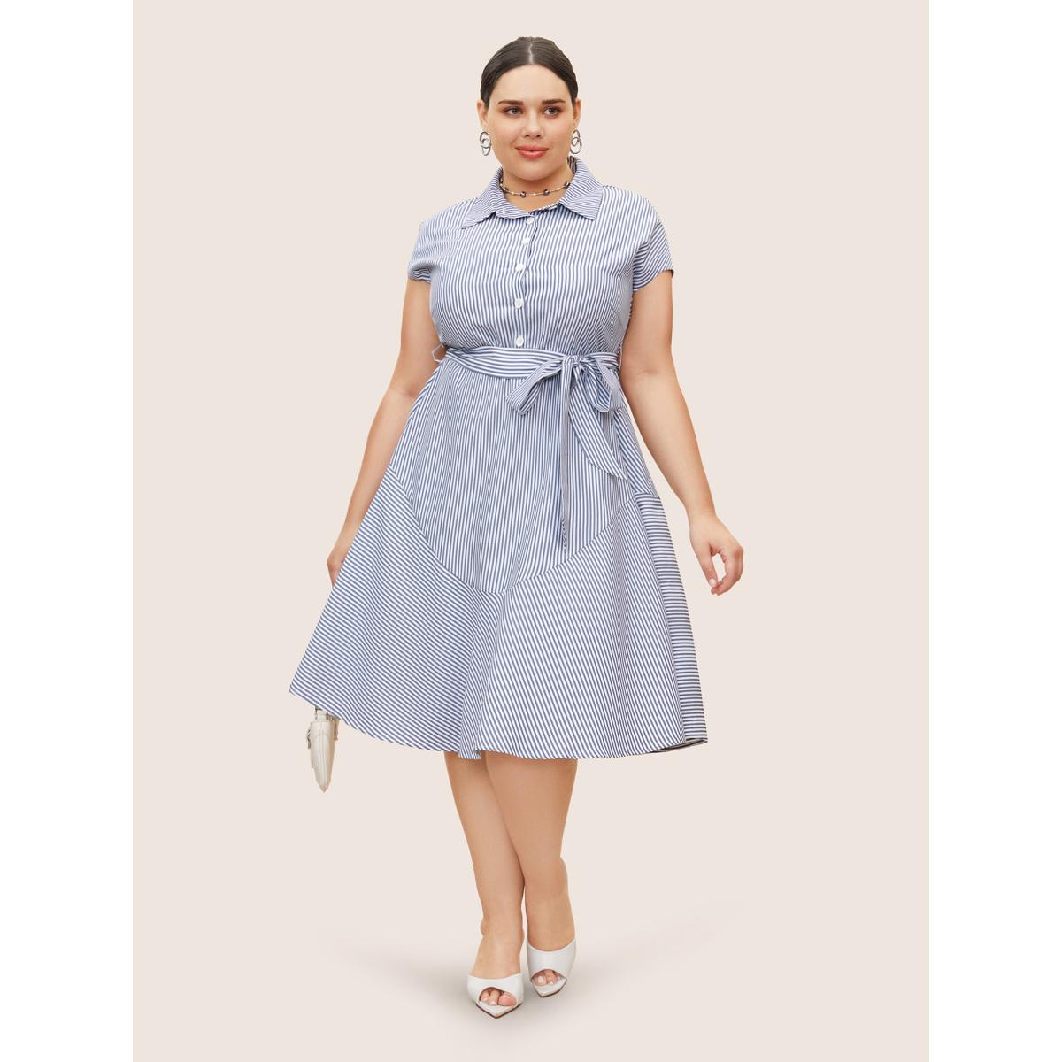 Plus Size Shirt Collar Striped Cap Sleeve Dress SlateGray Women At the Office Belted Shirt collar Sleeveless Curvy BloomChic 30/6X Product Image