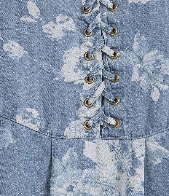 Tru Luxe Jeans Floral Printed Chambray Scoop Neck 3/4 Sleeve Lace-Up Top Product Image