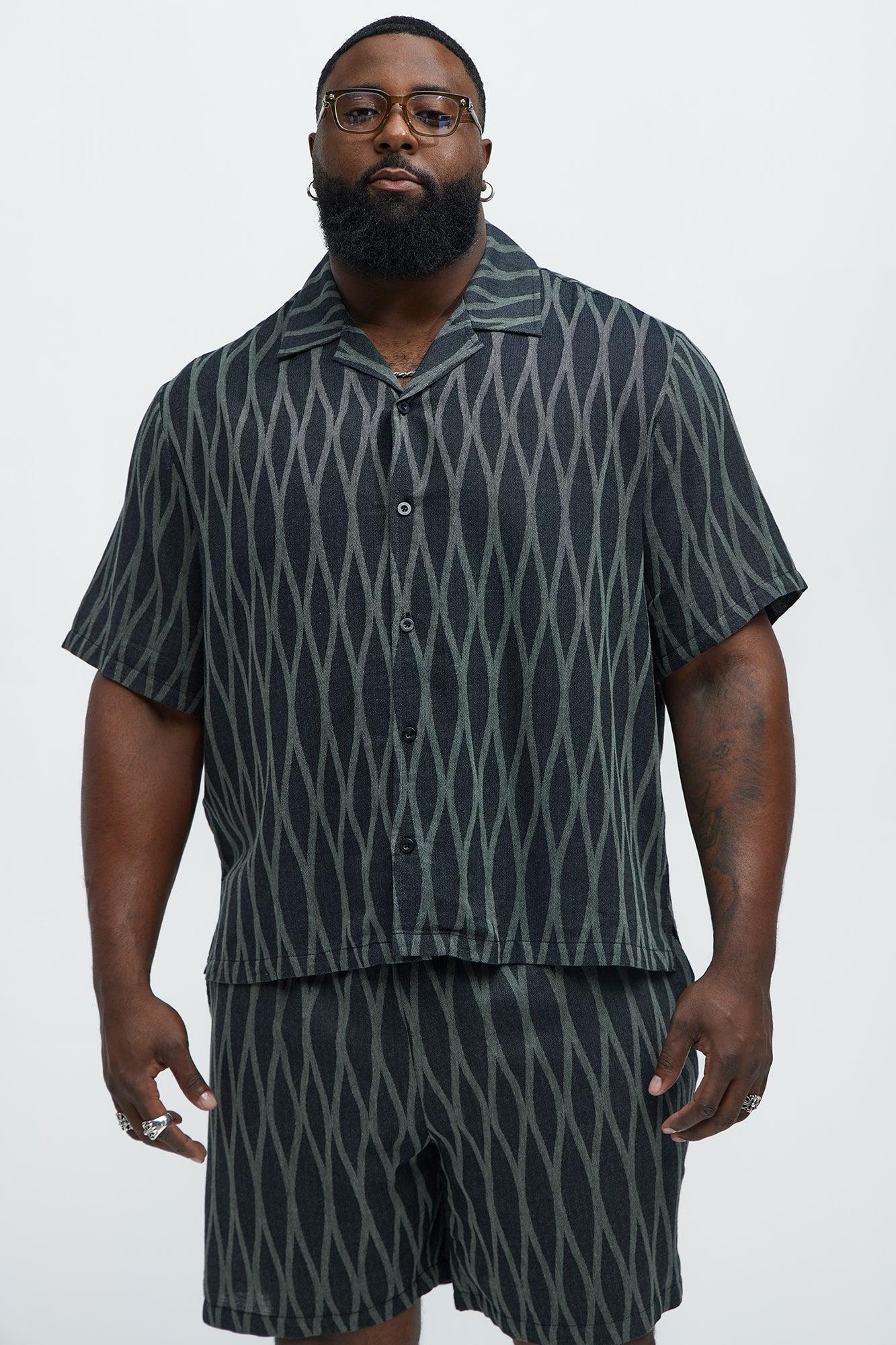 Waved Lines Cuban Collar Button Up Shirt - Black/combo Product Image