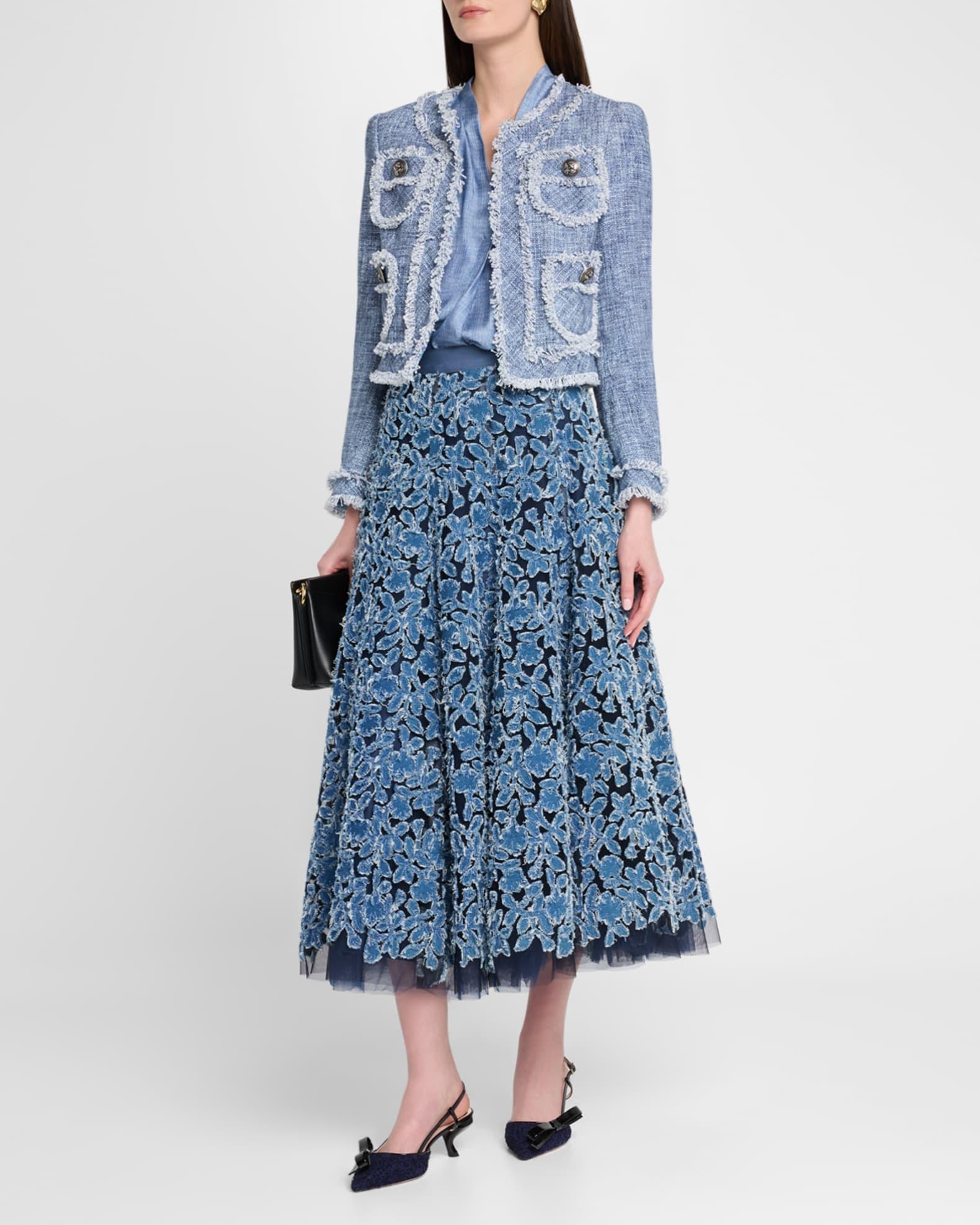 Denim Embroidered Tulle Midi Skirt Product Image