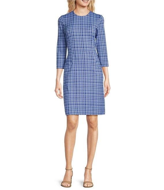 J.McLaughlin Catalyst Catalina Cloth Plaid Print Round Neck 3/4 Sleeve Sheath Dress Product Image