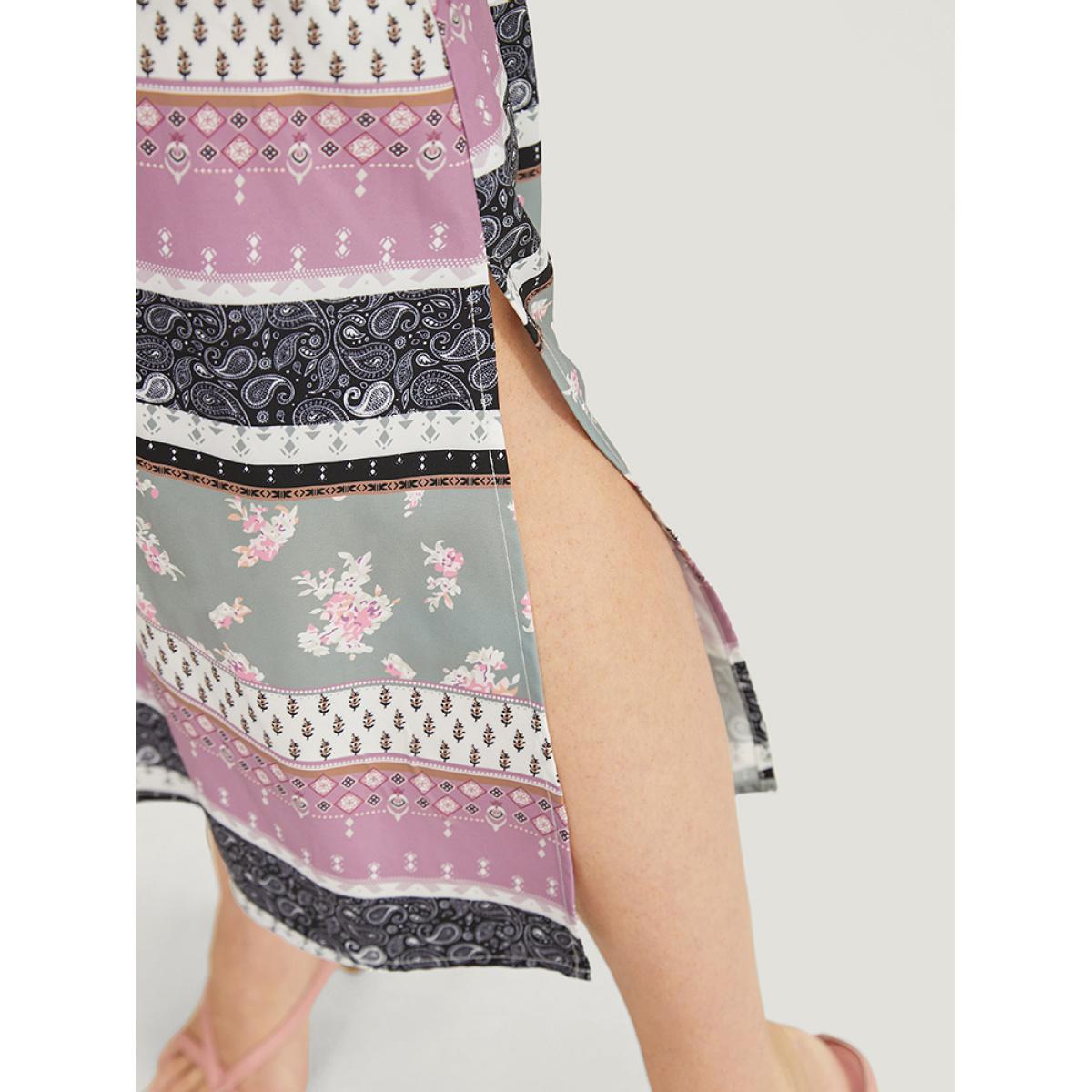 Plus Size Bandana Print Cut Out Tie Neck Pocket Shirred Striped Dress Multicolor Women Elegant Printed Keyhole Cut-Out Short sleeve Curvy Midi Dress BloomChic 10/M Product Image