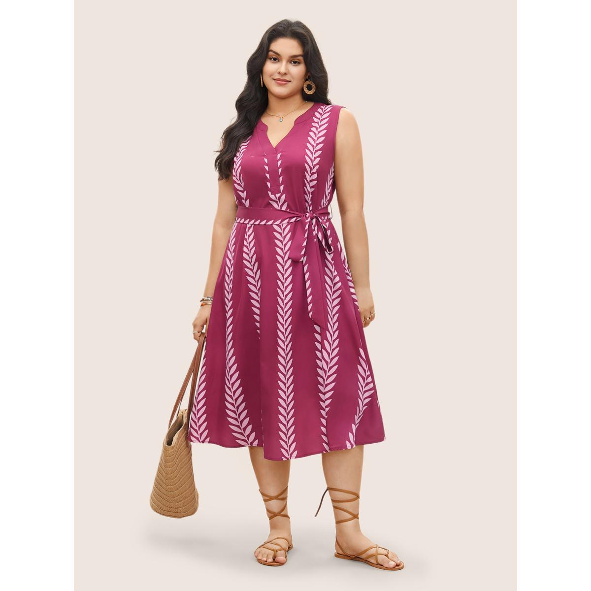 Plus Size Boh Print Notched Sleeveless Belted Dress RedViolet Women Resort Belted Flat collar with V-notch Long Sleeve Curvy Midi Dress BloomChic 28/5X Product Image