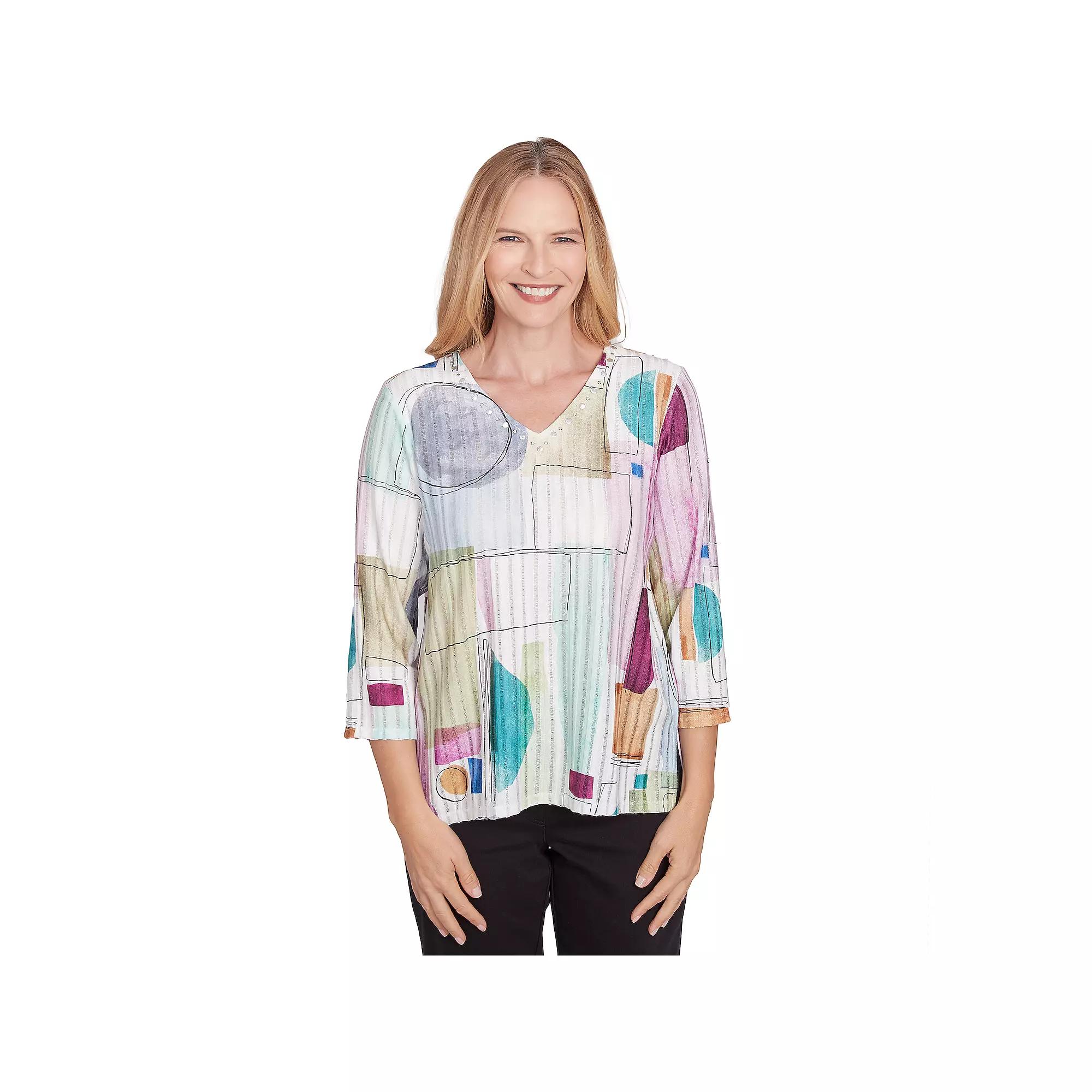 Women's Alfred Dunner Geometric V-Neck Three Quarter Sleeve Top, Size: Large, Multi Neutral Product Image