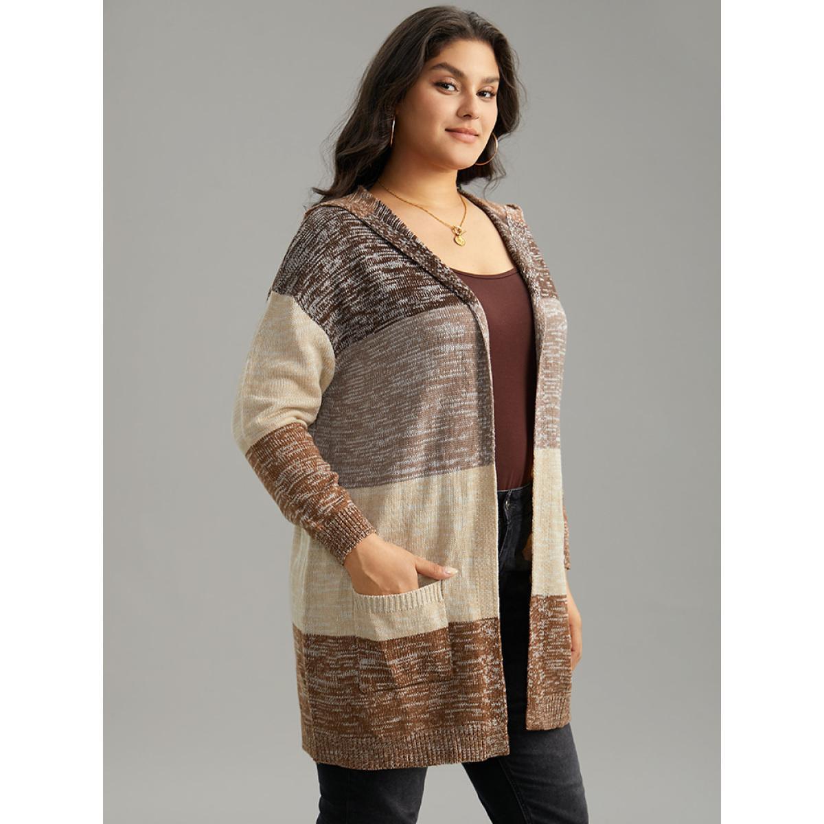 Plus Size Heather Colorblock Hooded Pocket Cardigan Multicolor Women Casual Loose Long Sleeve Dailywear Cardigans BloomChic 28/5X Product Image