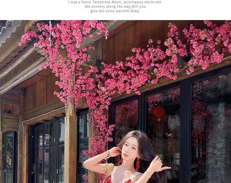 Spaghetti Strap Floral Lace Trim Midi A-Line Sundress Product Image