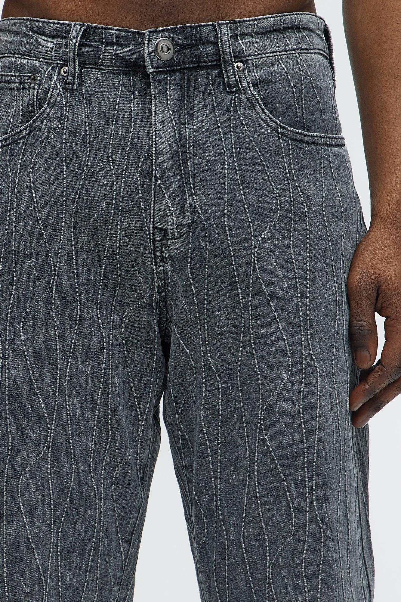 Wavy Jacquard Straight Jeans - Grey Product Image